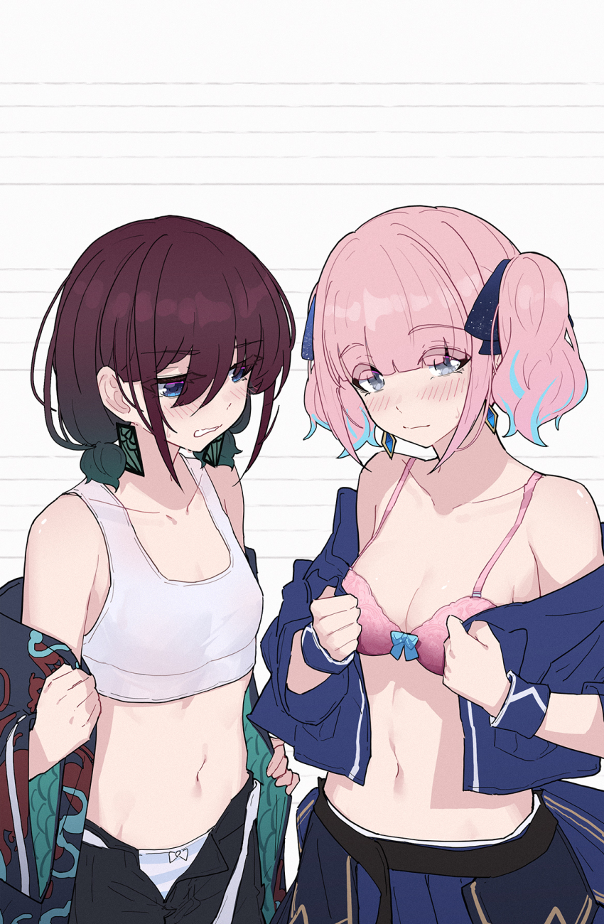 2girls belt black_belt black_shorts blue_eyes blue_hair blue_jacket blue_panties blush bra breast_envy breasts brown_hair chinese_commentary cleavage closed_mouth commentary_request earrings girls_band_cry gradient_hair grey_eyes hair_between_eyes highres hina_(girls_band_cry) iseri_nina jacket jewelry kuuhaku_to_catharsis low_twintails medium_breasts multicolored_hair multiple_girls navel open_fly open_mouth panties pink_bra pink_hair short_hair short_twintails shorts skirt stomach streaked_hair striped_clothes striped_panties sweatdrop twintails underwear undressing white_bra white_skirt yun_cao_bing