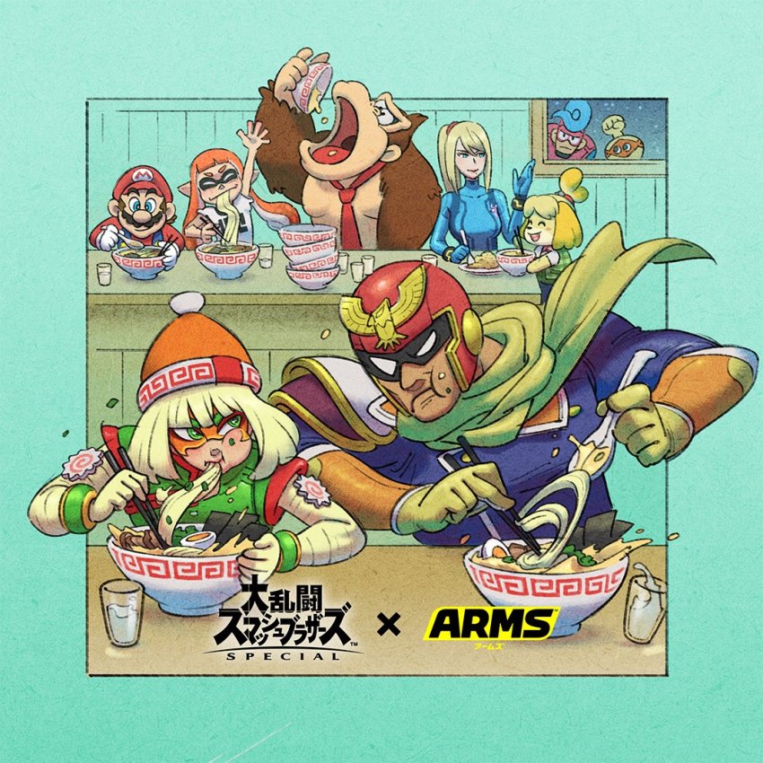 4girls 5boys @_@ animal_crossing arms_(game) beanie biff_(arms) blonde_hair bodysuit bowl captain_falcon chopsticks cobushii_(arms) copyright_name donkey_kong donkey_kong_(series) donkey_kong_country eating f-zero food fruit green_eyes hat helmet inkling inkling_girl inkling_player_character isabelle_(animal_crossing) mario mario_(series) metroid min_min_(arms) multiple_boys multiple_girls necktie nintendo noodles official_art orange_(fruit) overalls pointy_ears ramen samus_aran splatoon_(series) spring_man_(arms) super_smash_bros. tentacle_hair window yamamoto_yuu zero_suit