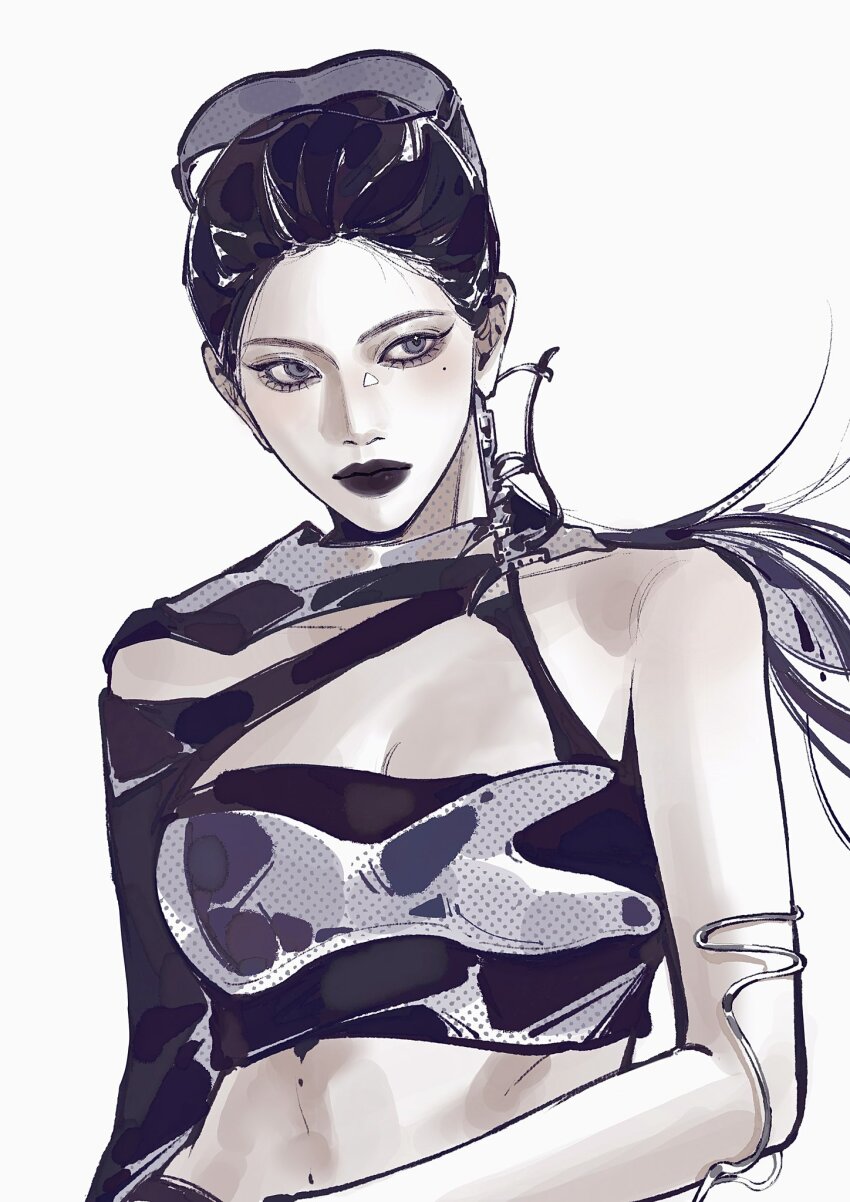 1girl aespa black_hair black_lips black_shirt breasts cleavage cleavage_cutout clothing_cutout collarbone commentary cropped_shirt expressionless floating_hair grey_eyes hair_behind_ear highres k-pop looking_to_the_side medium_breasts mole mole_under_eye ningning_(aespa) ponytail real_life shirt single_sleeve solo symbol-only_commentary yuanwei_shaoya