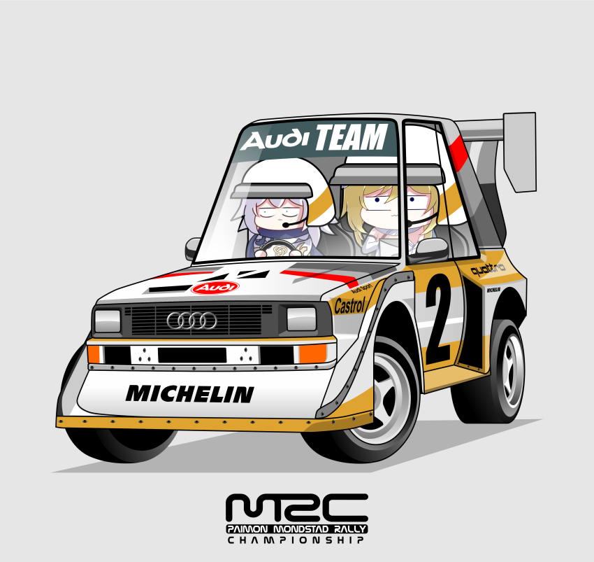 2girls :3 absurdres artist_collaboration audi_quattro black_eyes blonde_hair blue_scarf car castrol chibi dress driving earpiece genshin_impact grey_background grey_hair highres logo_parody lumine_(genshin_impact) marin_liekuriva michelin motor_vehicle multiple_girls no_humans paimon_(genshin_impact) parody race_vehicle racecar rally_car rlayuta scarf shadow simple_background spoiler_(automobile) sponsor title_parody vehicle_focus white_dress world_rally_championship
