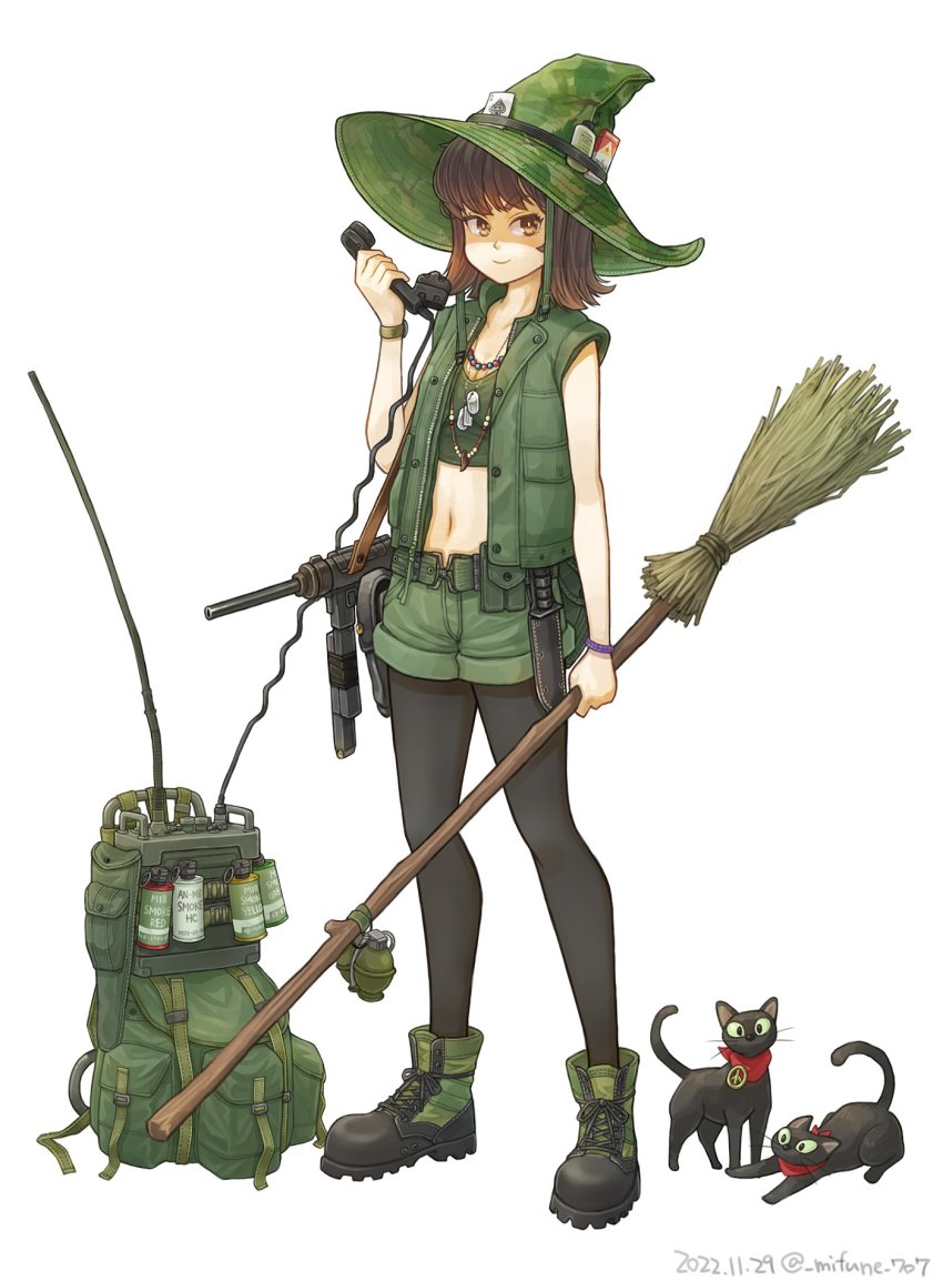 1girl ace_(playing_card) ace_of_spades backpack bag black_boots black_thighhighs boots broom brown_eyes brown_hair camouflage card cat cigarette_pack combat_boots combat_knife commentary_request dated dog_tags english_text explosive green_boots green_hat green_jacket green_shirt green_shorts grenade gun gun_sling hat highres holding holding_broom jacket jewelry jungle_style knife m18_grenade m26_(frag_grenade) m3_submachine_gun midriff mifune_(_mifune_707) military military_uniform multicolored_boots necklace original playing_card product_placement radio shirt shorts smile smoke_grenade solo spade_(shape) submachine_gun thighhighs twitter_username two-tone_boots unworn_backpack unworn_bag vietnam_war weapon white_background witch
