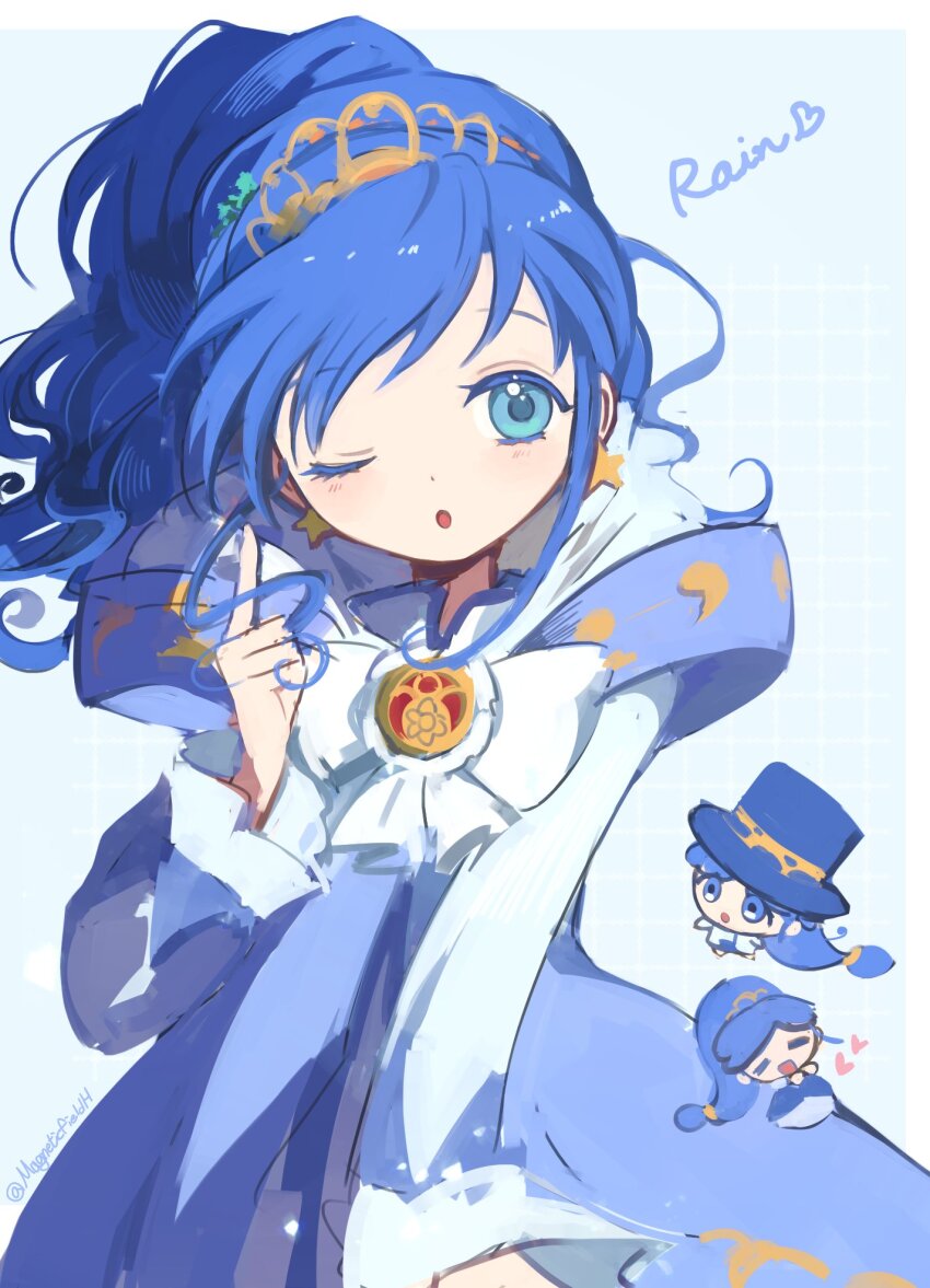 1girl :o =_= blue_background blue_dress blue_hair blue_hat blue_skirt border bow bowtie brooch character_name chibi collared_dress colored_eyelashes commentary cowboy_shot dot_nose dress earrings frilled_sleeves frills fushigiboshi_no_futago_hime gold_tiara gown grid_background hat high_ponytail highres jacket jewelry layered_dress layered_sleeves light_blush long_dress long_hair long_sleeves low-tied_long_hair magical_girl magneticfieldh medici_collar multiple_views one_eye_closed open_clothes open_jacket open_mouth outside_border ponytail princess rein_(futagohime) rein_(prominence_dress_up)_(futagohime) shirt short_over_long_sleeves short_sleeves skirt smile star_(symbol) star_earrings swept_bangs top_hat very_long_hair wavy_hair white_border white_bow white_bowtie white_jacket white_shirt
