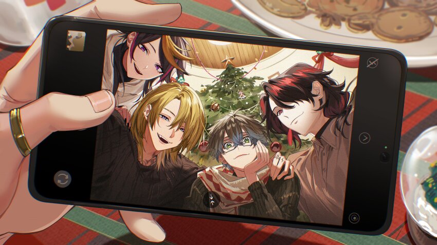 1other 4boys :d absurdres ahoge black_hair black_nails black_sweater blonde_hair blue_hair cellphone christmas_ornaments christmas_tree closed_mouth collared_shirt commentary cookie crossed_bangs earrings english_commentary fangs fingernails food glasses green_eyes grey_hair grey_sweater hair_between_eyes hair_over_one_eye hair_over_shoulder hand_on_another&#039;s_shoulder head_rest highres holding holding_phone hood hood_down hoodie ike_eveland indoors jewelry kaohom503 long_fingernails long_hair long_sleeves looking_at_viewer low-tied_long_hair luca_kaneshiro luxiem male_focus medium_hair multicolored_hair multiple_boys mysta_rias nail_polish neck_tattoo nijisanji nijisanji_en one_eye_covered open_mouth parted_bangs phone pink_hair plate pov pov_hands purple_eyes red_eyes red_hair ribbed_sweater scarf selfie semi-rimless_eyewear sharp_fingernails shirt short_hair shu_yamino single_earring smartphone smile snow_globe star_(symbol) streaked_hair sweater swept_bangs tassel tassel_earrings tattoo teeth under-rim_eyewear upper_body upper_teeth_only virtual_youtuber vox_akuma white_hoodie white_scarf white_shirt wing_collar