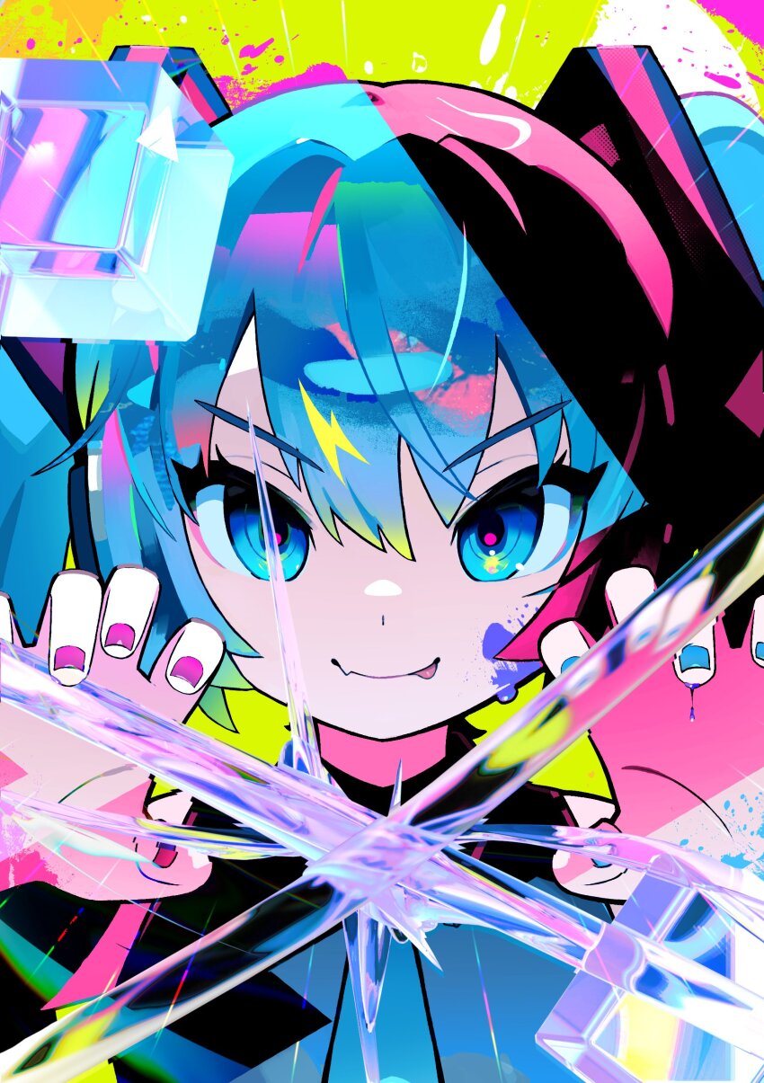 1girl absurdres bare_shoulders black_shirt blue_eyes blue_hair blue_nails claw_pose closed_mouth color_connection fang fang_out hands_up hatsune_miku highres long_hair looking_at_viewer morizo_(morizoshop) multicolored_nails paint_on_body paint_splatter pink_nails shirt skin_fang sleeveless sleeveless_shirt smile solo tongue tongue_out twintails vocaloid