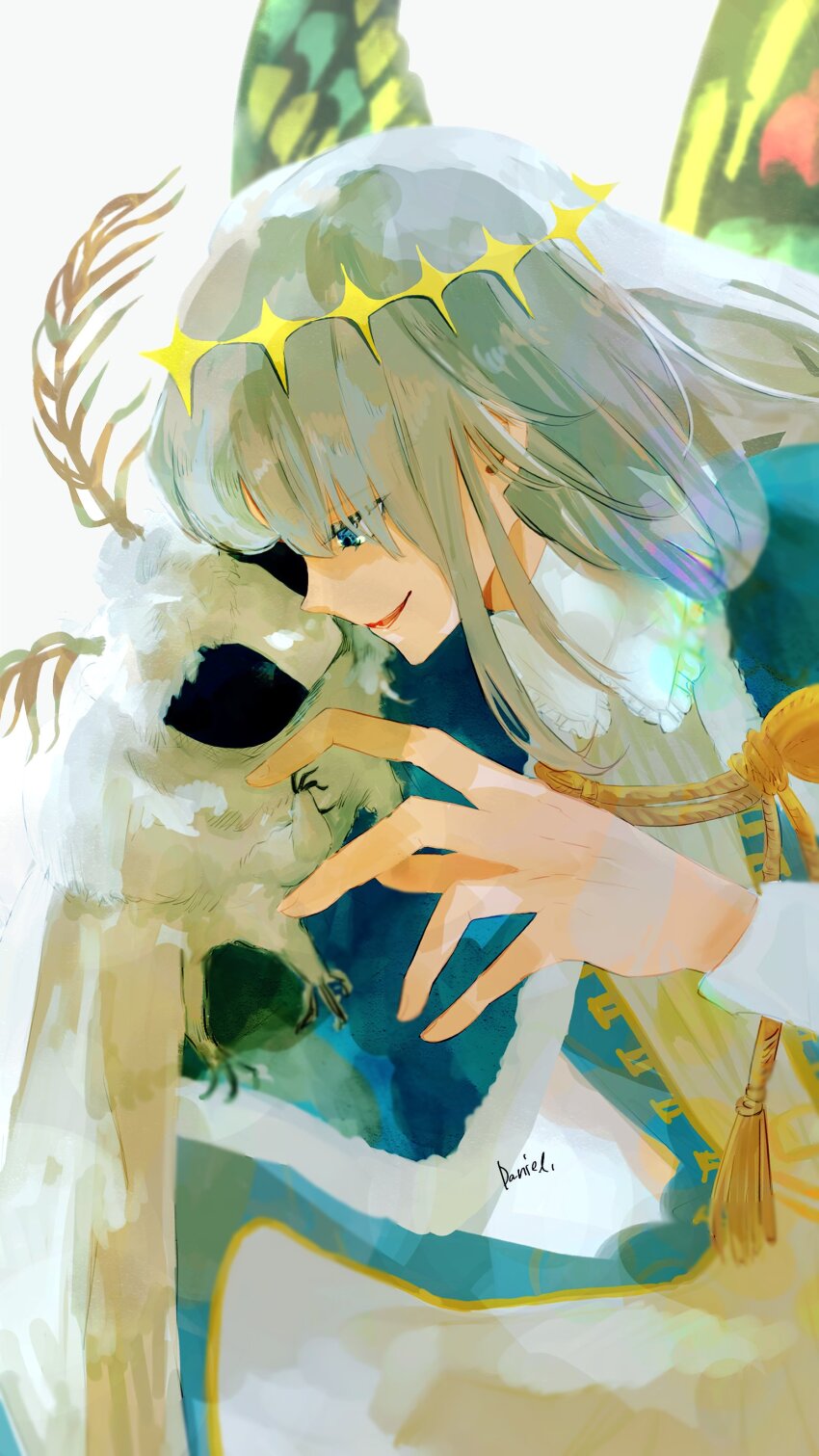 1boy absurdres arthropod_boy artist_name blanca_(fate) blue_capelet blue_coat blue_eyes bug butterfly_wings capelet coat daniel_rei6 diamond_hairband fate/grand_order fate_(series) fur-trimmed_capelet fur_trim gold_trim grey_hair hairband highres insect insect_on_shoulder insect_wings long_sleeves looking_at_animal male_focus medium_hair moth oberon_(fate) oberon_(first_ascension)_(fate) parted_lips robe sidelocks simple_background solo tassel teeth white_background white_robe wings yellow_hairband