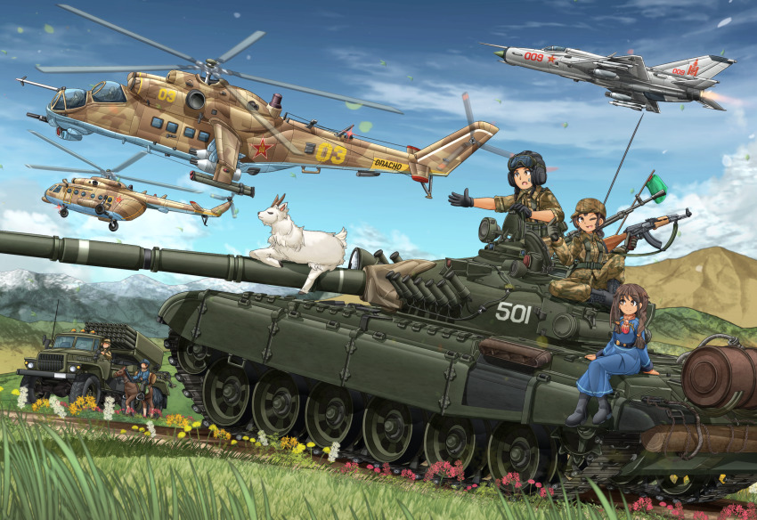 1boy 2girls aircraft airplane akm ascot assault_rifle attack_helicopter black_footwear black_gloves black_hair black_headwear blue_dress blue_sky bm-21 boots braid brown_eyes brown_jacket brown_pants camouflage camouflage_headwear camouflage_jacket camouflage_pants cloud cloudy_sky collar combat_boots commentary_request cross-laced_footwear cyrillic dachshund dark-skinned_female dark-skinned_male dark_skin day dress field_cap fighter_jet flag flag_on_vehicle flower gloves goat goggles goggles_on_headwear grass gun hair_tie hat helicopter helmet highres holding holding_weapon horse jacket kalashnikov_rifle leaf long_dress long_sleeves looking_at_another looking_at_viewer mi-24 mi-8 mig-21 mikeran_(mikelan) military military_combat_uniform military_hat military_uniform military_vehicle mongolia mongolian_people&#039;s_army motion_blur motor_vehicle mountain multiple_girls multiple_others one_eye_closed open_mouth original outdoors pants pilot reaching reaching_towards_viewer red_ascot red_collar revision rifle roundel russian_text sitting sky sleeves_rolled_up smile star_(symbol) sweatdrop t-72 tank tank_helmet tank_top twin_braids twintails vehicle_focus weapon