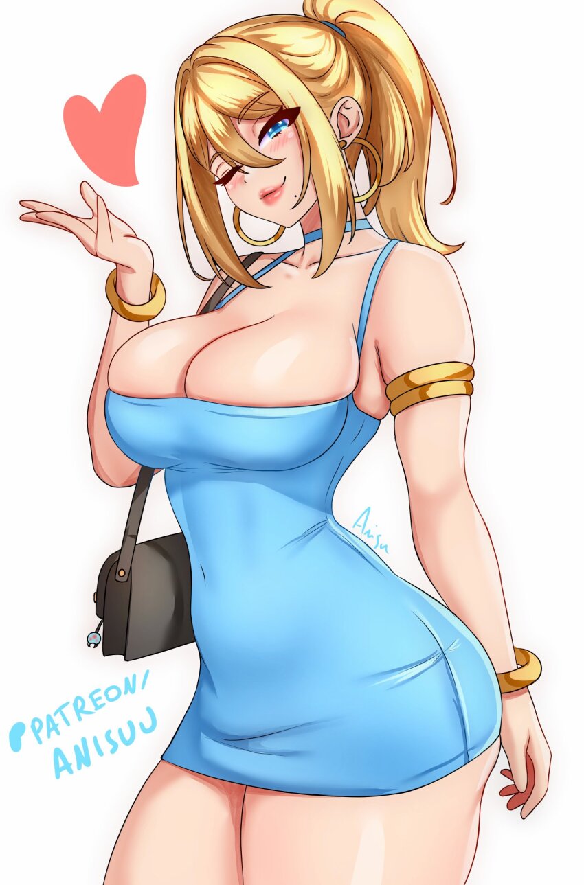 1girl anisdrawn bag bare_shoulders blonde_hair blue_dress blue_eyes blush bracelet breasts choker dress earrings handbag highres hoop_earrings jewelry large_breasts looking_at_viewer metroid mole mole_under_mouth nintendo ponytail samus_aran simple_background skin_tight smile solo