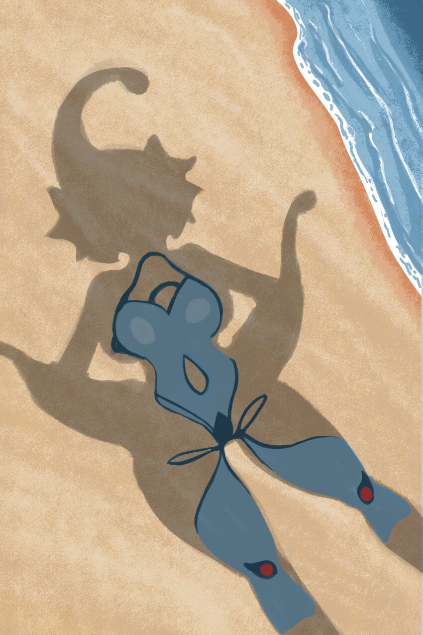 1girl absurdres anythinggoes beach blue_one-piece_swimsuit breasts digimon digimon_(creature) digimon_frontier dressed_shadow_(meme) highres implied_nudity large_breasts meme one-piece_swimsuit ranamon sand shadow solo swimsuit water