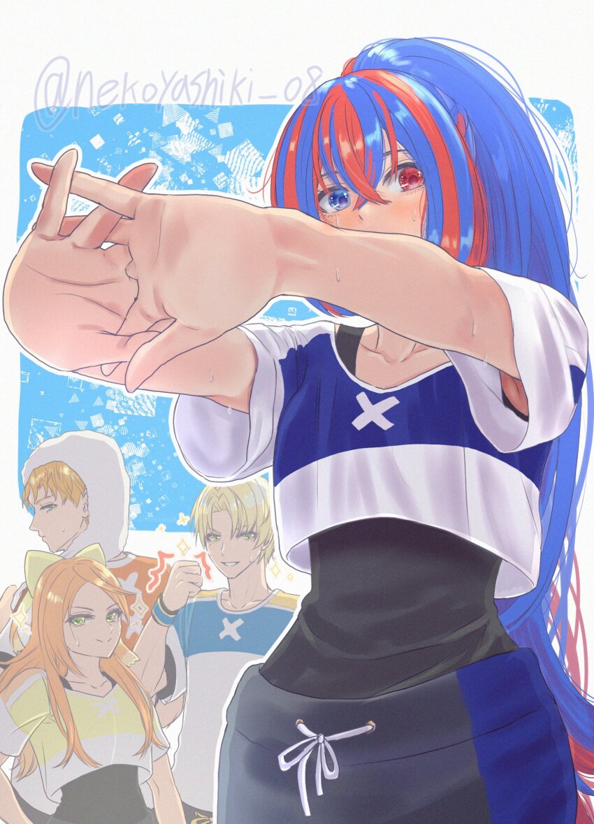2boys 2girls abs alfred_(fire_emblem) alternate_costume black_leotard blonde_hair blue_eyes blue_hair blush boucheron_(fire_emblem) bow breasts brown_hair closed_mouth collarbone covered_navel crop_top cropped_shirt crossed_bangs etie_(fire_emblem) female_alear_(fire_emblem) fire_emblem fire_emblem_engage green_bow green_eyes hair_between_eyes hair_bow heterochromia highres leotard long_hair looking_at_viewer midriff multicolored_hair multiple_boys multiple_girls navel nekoyashiki_08 nintendo official_alternate_costume official_alternate_hairstyle open_mouth orange_hair pants ponytail red_eyes red_hair shirt short_hair short_sleeves smile split-color_hair stretching sweat sweatdrop sweatpants swept_bangs teeth two-tone_hair very_long_hair workout_clothes
