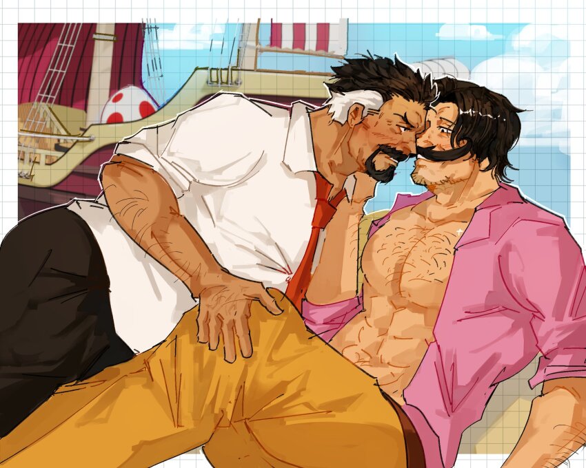 2boys aged_down bara bare_pectorals black_hair blush eye_contact face-to-face facial_hair feet_out_of_frame foreplay from_side goatee gol_d._roger highres long_mustache looking_at_another male_focus mature_male monkey_d._garp multicolored_hair multiple_boys muscular muscular_male mustache old old_man one_piece open_clothes open_shirt pectorals peedeeseel profile ship short_hair sitting sparse_arm_hair sparse_chest_hair thick_eyebrows thick_mustache two-tone_hair watercraft white_hair wrinkled_skin