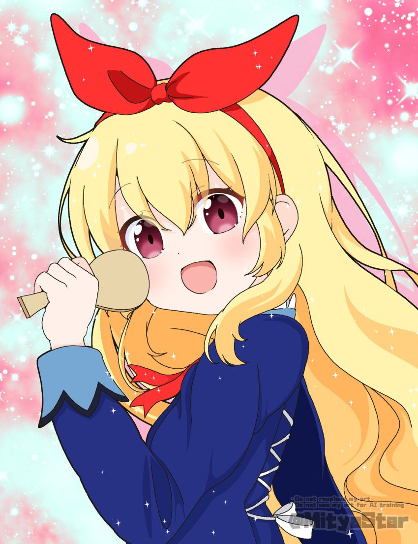 1girl :d aikatsu! aikatsu!_(series) blonde_hair blue_jacket commentary english_text hair_between_eyes hair_ribbon hairband hand_up highres holding hoshimiya_ichigo jacket long_hair long_sleeves mitya open_mouth purple_eyes red_hairband red_ribbon ribbon smile solo spoon twitter_username upper_body very_long_hair watermark wooden_spoon