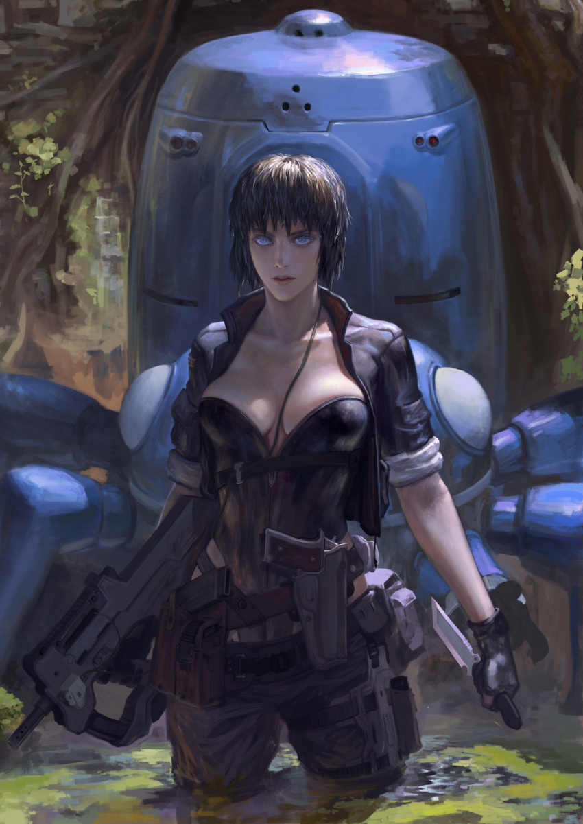 1girl black_hair blue_eyes breasts bullpup cleavage cyberpunk cyborg czn-m22 dual_wielding female_focus fingerless_gloves ghost_in_the_shell ghost_in_the_shell:_stand_alone_complex gloves gun highres holding holster knife kusanagi_motoko large_breasts lips mecha realistic reverse_grip rifle robot science_fiction short_hair solo submachine_gun tachikoma wading water weapon wetland xiaji