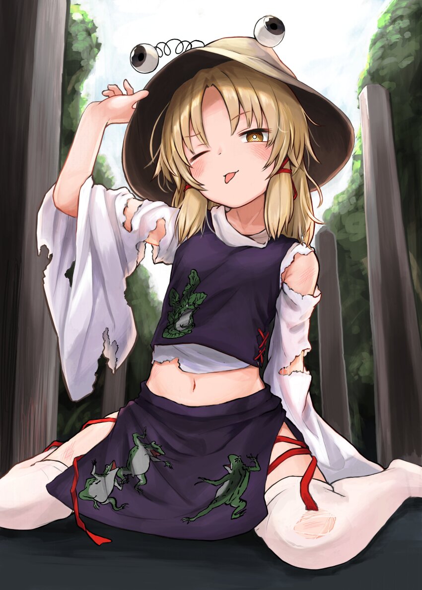 1girl ;p absurdres arm_up bare_shoulders blonde_hair blush bright_pupils closed_mouth commentary_request hand_on_headwear hat highres looking_at_viewer medium_hair midriff moriya_suwako navel neritch on_ground one_eye_closed parted_bangs purple_skirt purple_vest shirt skirt solo thighhighs tongue tongue_out torn_clothes torn_sleeves touhou vest white_pupils white_shirt white_thighhighs yellow_eyes yellow_hat