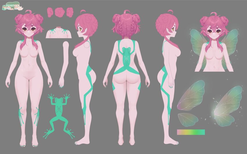 1girl ahoge ass breasts colored_sclera colored_skin fairy feet frog froggyloch froggyloch_(vtuber) highres indie_virtual_youtuber legs no_nipples nude official_art pink_hair pink_skin reference_sheet shortstack thick_thighs thighs virtual_youtuber wide_hips wings yellow_sclera