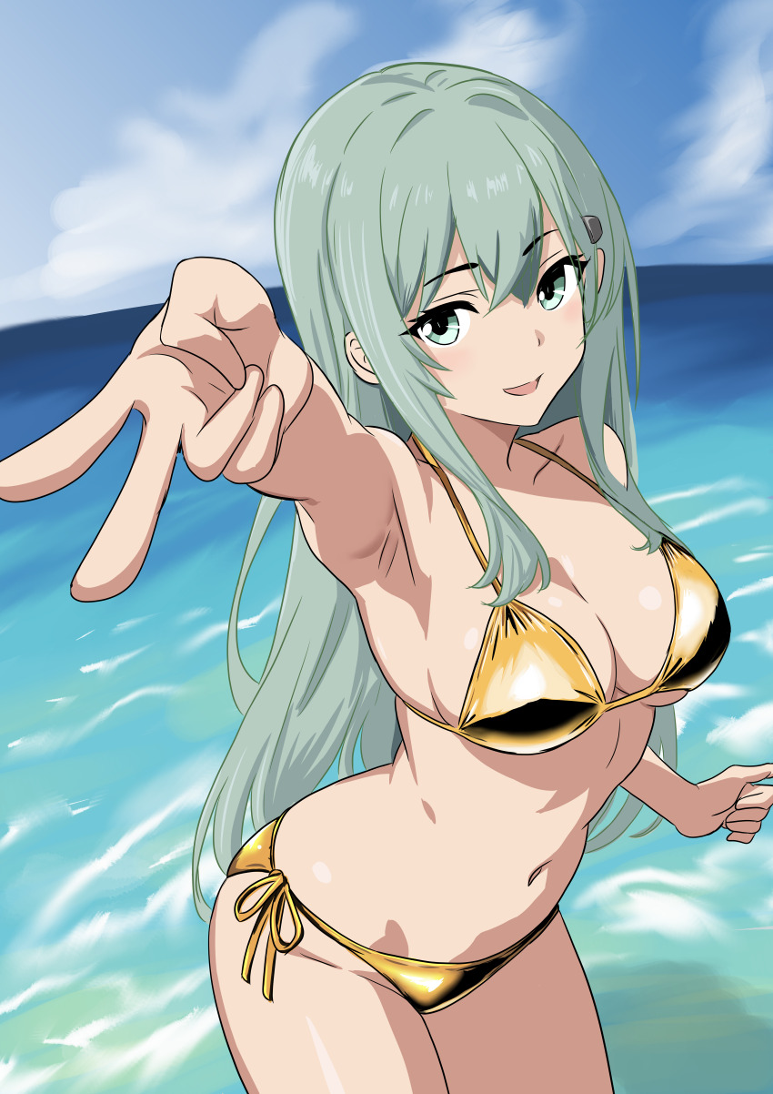 1girl absurdres aqua_eyes aqua_hair bikini blue_sky blurry bone_namu(namu49850) breasts cloud cowboy_shot day depth_of_field gold_bikini gyaru_v highres kantai_collection large_breasts navel ocean outdoors side-tie_bikini_bottom sky solo suzuya_(kancolle) swimsuit v water