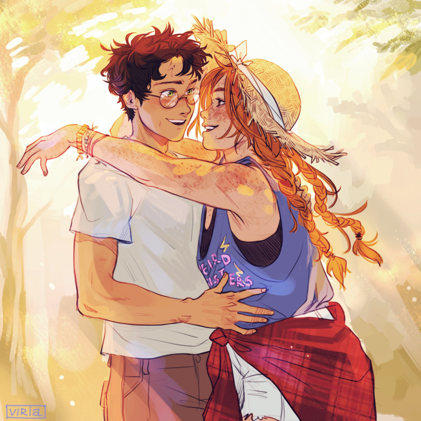 1boy 1girl arm_on_another&#039;s_shoulder bare_arms bare_shoulders black_hair black_tank_top blue_tank_top body_freckles bracelet braid brown_eyes brown_pants checkered_clothes checkered_shirt clothes_around_waist couple eye_contact freckles ginny_weasley glasses green_eyes hand_on_another&#039;s_waist harry_potter harry_potter_(series) hat highres jewelry layered_shirt long_hair looking_at_another messy_hair multiple_bracelets open_mouth orange_hair pants red_shirt scar scar_on_face scar_on_forehead shirt shirt_around_waist short_hair shorts signature smile straw_hat sunlight t-shirt tank_top tree twin_braids viria13 white_shirt white_shorts wizarding_world
