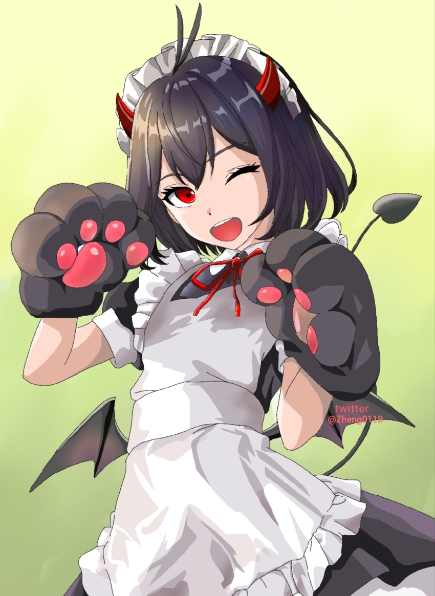 apron black_clover black_hair gloves highres horns maid maid_apron maid_headdress one_eye_closed paw_gloves secre_swallowtail short_hair wink