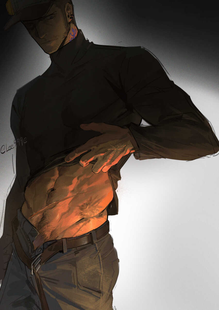 1boy abs absurdres baseball_cap belt black_shirt brown_belt clothes_lift cowboy_shot earrings facial_hair grey_background hat highres iwai_munehisa jewelry lee999nine lifting_own_clothes looking_down male_focus mature_male midriff multiple_scars navel neck_tattoo open_belt open_fly pants persona persona_5 pubic_hair scar scar_on_stomach shirt solo stubble sweater sweater_lift tattoo turtleneck turtleneck_sweater twitter_username
