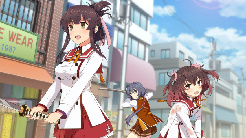 3girls :d ahoge asakura_mihono blue_eyes blue_hair breasts brown_eyes brown_hair brown_skirt bruise bruise_on_face cloud collared_shirt day fighting_stance folded_ponytail game_cg gradient_hair green_eyes hair_between_eyes holding holding_sword holding_weapon injury jacket katana large_breasts long_hair long_sleeves medium_hair minoseki_gakuin_uniform multicolored_hair multiple_girls non-web_source open_mouth orange_jacket osafune_girls_academy_school_uniform outdoors pleated_skirt red_hair red_sailor_collar red_skirt sailor_collar school_uniform setouchi_chie shirt sidelocks skirt sky smile standing sword toji_no_miko toji_no_miko:_kizamishi_issen_no_tomoshibi two_side_up v-shaped_eyebrows weapon white_shirt winter_uniform yanase_mai