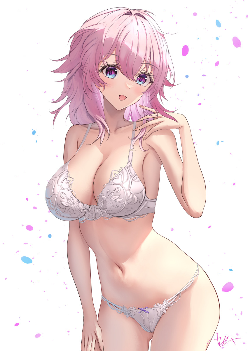 1girl :d absurdres arerex bare_shoulders blue_eyes bra commentary_request cowboy_shot hair_intakes highres honkai:_star_rail honkai_(series) looking_at_viewer march_7th_(honkai:_star_rail) medium_hair multicolored_eyes navel open_mouth panties pink_hair purple_eyes smile solo standing stomach two-tone_eyes underwear underwear_only white_background white_bra white_panties