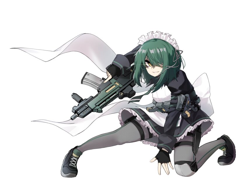 assault_rifle counter:side green_hair gun highres knee_pads laika_(counter:side) maid rifle single_knee_pad smirk weapon yellow_eyes zl100