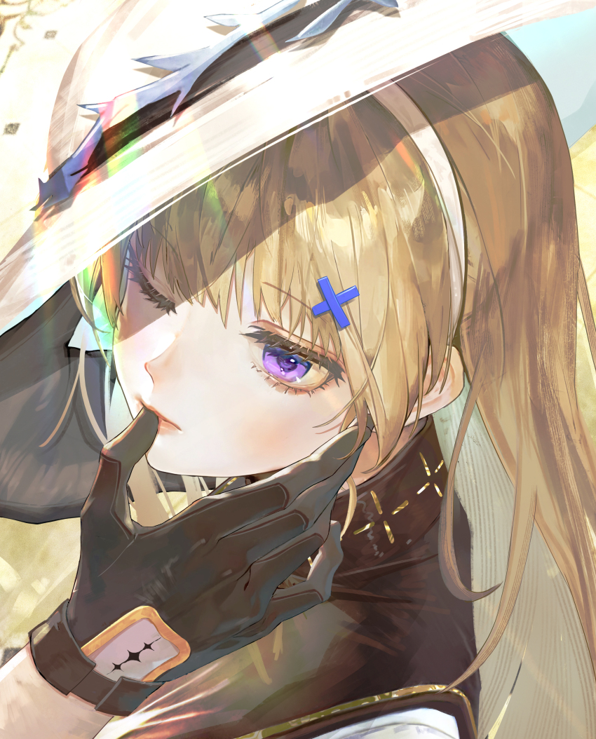 1boy 1girl absurdres black_collar black_gloves blonde_hair closed_mouth collar commentary_request finger_to_another&#039;s_mouth gloves hair_ornament hat highres jin_sumire long_hair looking_at_another male_rover_(wuthering_waves) one_eye_closed phoebe_(wuthering_waves) portrait purple_eyes revision rover_(wuthering_waves) solo_focus tacet_mark_(wuthering_waves) white_hat wuthering_waves x_hair_ornament