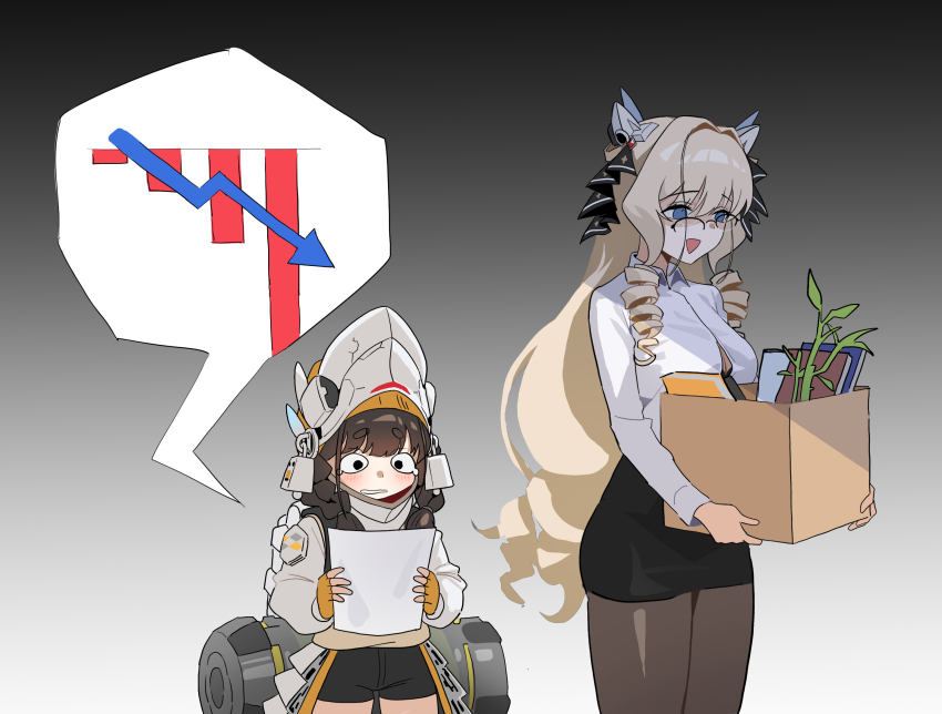 2girls :3 ^_^ alternate_costume backpack bag bamboo bar_chart black_background black_bra black_skirt blonde_hair blunt_bangs blush book box bra bra_peek breasts broken_eyewear brown_hair chime_(nikke) closed_eyes collared_shirt constricted_pupils cowboy_shot crown_(nikke) drill_hair drill_sidelocks empty_eyes fingerless_gloves glasses gloves goddess_of_victory:_nikke gradient_background graph hair_intakes helm helmet highres hip_armor holding holding_box holding_paper large_breasts long_hair long_sleeves miniskirt multiple_girls open_mouth pantyhose paper partially_unbuttoned puffy_sleeves semi-rimless_eyewear shaded_face shirt short_hair sidelocks skirt speech_bubble stock_chart tearing_up unbuttoned unbuttoned_shirt underwear very_long_hair wge white_background white_knight_(nikke) white_shirt wide-eyed