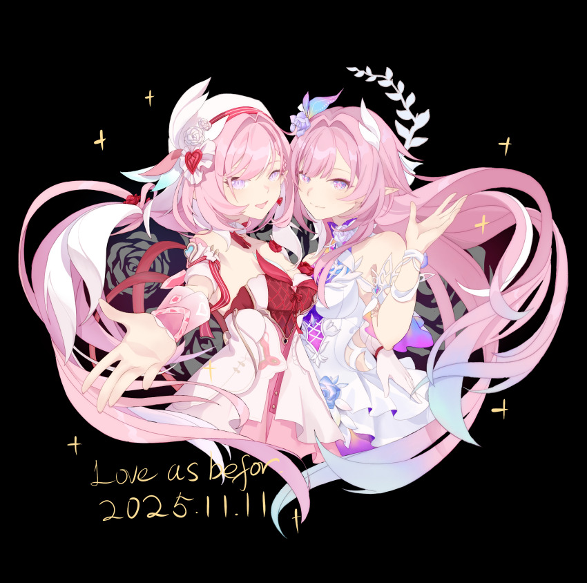 2girls absurdres aqua_hair bare_shoulders beret black_background breasts chinese_commentary commentary_request company_connection cyrene_(honkai:_star_rail) cyrene_(ripples_of_past_reverie)_(honkai:_star_rail) dated diamond-shaped_pupils diamond_(shape) dress elysia_(hi_love_elf)_(honkai_impact) elysia_(honkai_impact) english_text evil_zenme_you_youren_qu flower hair_flower hair_ornament hat highres honkai:_star_rail honkai_(series) honkai_impact_3rd inoue_marina large_breasts long_hair looking_at_viewer multicolored_hair multiple_girls pink_hair purple_eyes red_dress simple_background smile symbol-shaped_pupils two-tone_dress two-tone_hair very_long_hair voice_actor_connection white_dress white_hair yanning