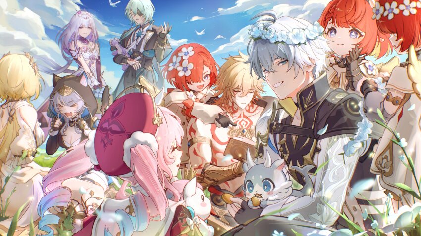 3boys 6+girls abs aglaea_(honkai:_star_rail) anaxa_(honkai:_star_rail) animal_ears antenna_hair aqua_hair arm_tattoo armlet armor black_choker black_coat black_gloves black_shirt blonde_hair blue_cape blue_eyes blue_hair blue_sky book braid cape castorice_(honkai:_star_rail) cat_ears cat_girl chest_tattoo chimera_(honkai:_star_rail) choker cipher_(honkai:_star_rail) coat commentary_request dress facial_tattoo fingerless_gloves flower flower_wreath gloves gold_necklace gradient_hair hair_between_eyes hair_flower hair_ornament hat highres holding holding_book honkai:_star_rail honkai_(series) hyacine_(honkai:_star_rail) jewelry laurel_crown medium_hair mimisuke37 multicolored_hair multiple_boys multiple_girls mydei_(honkai:_star_rail) necklace open_clothes open_coat pauldrons phainon_(honkai:_star_rail) pink_hair purple_eyes purple_hair red_hair red_hat red_tattoo shirt short_hair shoulder_armor side_braid single_glove single_pauldron sky tattoo tiara toned toned_male trianne_(honkai:_star_rail) tribbie_(honkai:_star_rail) trinnon_(honkai:_star_rail) white_coat white_dress white_hair yellow_eyes