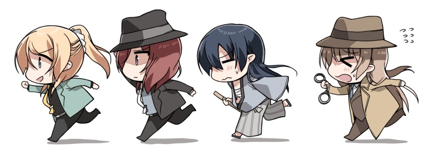 &gt;_&lt; 4girls =_= arsene_lupin_iii arsene_lupin_iii_(cosplay) ayase_eli blonde_hair blue_eyes blue_hair chasing chibi clipe closed_eyes cosplay cuffs green_jacket handcuffs highres ishikawa_goemon_xiii ishikawa_goemon_xiii_(cosplay) jacket jigen_daisuke jigen_daisuke_(cosplay) katana long_hair love_live! love_live!_school_idol_project lupin_iii minami_kotori multiple_girls necktie nishikino_maki parody profile purple_eyes red_hair running short_hair sonoda_umi sword vehicle weapon yellow_necktie zenigata_kouichi zenigata_kouichi_(cosplay)