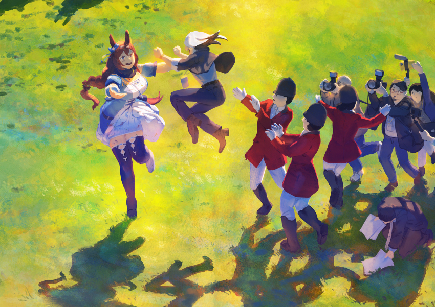 8+boys animal_ears blue_eyes bow braid braided_ponytail brown_hair commentary dress ear_bow english_commentary highres horse_ears horse_girl horse_tail jockey jumping long_hair nase_fumino photographer running single_braid super_creek_(umamusume) tail take_yutaka umamusume umamusume:_cinderella_gray white_dress ye_fan