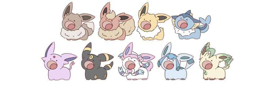 :o animal_focus black_fur blue_fur brown_fur creatures_(company) eevee espeon evolutionary_line fins flareon forked_tail full_body game_freak gen_1_pokemon gen_2_pokemon gen_4_pokemon gen_6_pokemon glaceon head_fins jolteon leaf leafeon looking_up meme narumiya_pkmn nintendo no_humans open_mouth pokemon pokemon_(creature) pop_cat_(meme) purple_fur red_fur ribbon standing striped_fur sylveon tail tongue two-tone_tail umbreon vaporeon white_background white_fur yellow_fur yellow_stripes