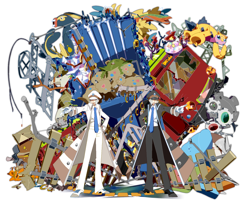 10s 2boys chandelure durant eelektross emmet_(pokemon) galvantula garbodor gen_5_pokemon haxorus highres ingo_(pokemon) morinaga777 multiple_boys nintendo pokemon pokemon_(creature) pokemon_bw train