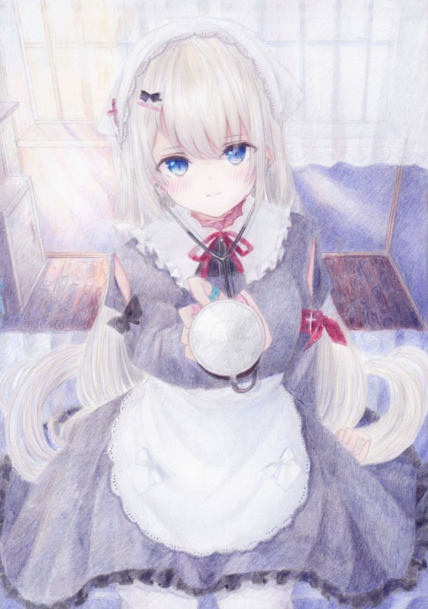 1girl apron bandaid blue_eyes blush bobby_pin closed_mouth colored_pencil_(medium) darkkanan dress eyes_visible_through_hair frilled_dress frills grey_dress hair_between_eyes hat highres indoors long_hair looking_at_viewer nurse nurse_cap original painting_(medium) scar scar_on_neck solo standing stethoscope traditional_media watercolor_(medium) white_legwear