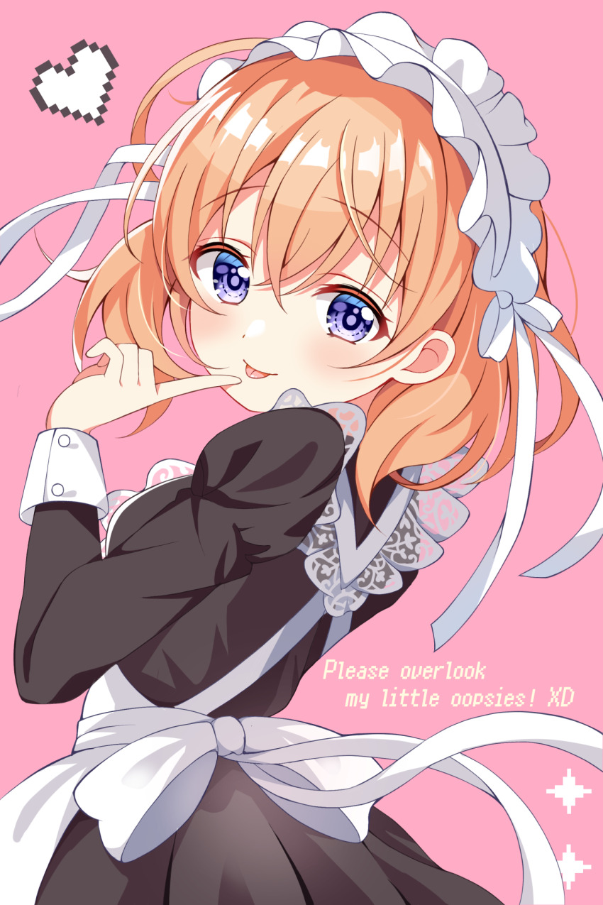 1girl :p alternate_costume black_dress commentary_request dress english_text enmaided finger_to_mouth gochuumon_wa_usagi_desu_ka? hair_between_eyes heart highres hoto_cocoa juliet_sleeves light_blush long_sleeves looking_at_viewer maid maid_day maid_headdress medium_hair orange_hair pink_background puffy_sleeves purple_eyes sakaki333 simple_background smile solo tongue tongue_out