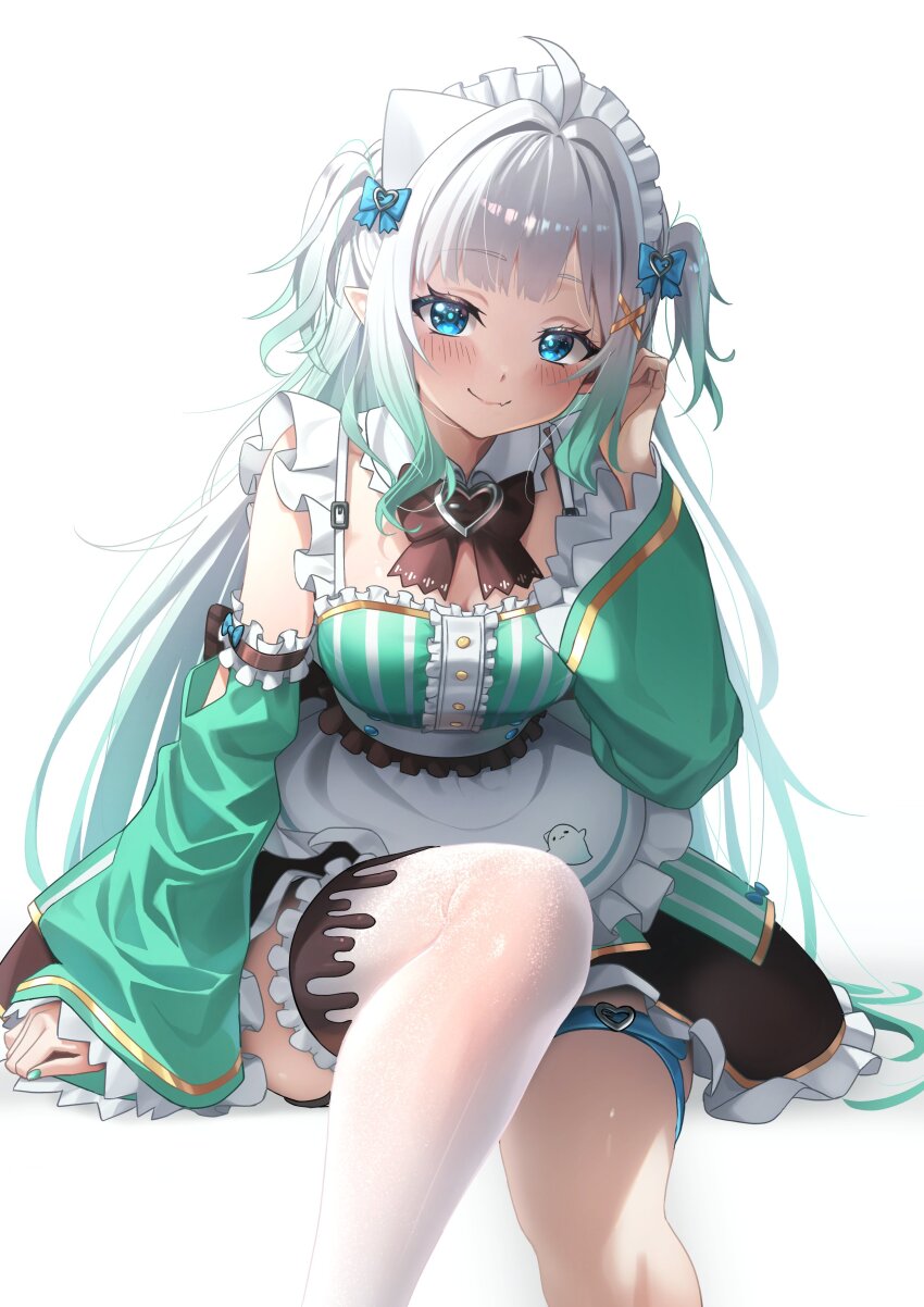 1girl absurdres apron asymmetrical_legwear blue_bow blue_eyes blush bow bowtie brown_bow brown_bowtie buckle center_frills closed_mouth commentary detached_collar detached_sleeves dress fang frilled_dress frilled_thighhighs frills ghostenjoyerguy7007 gradient_hair green_dress green_hair green_skirt hair_bow hair_ornament hairclip hand_up hashtag-only_commentary heart heart-shaped_buckle highres indie_virtual_youtuber long_hair looking_at_viewer maid maid_headdress mint_fantome mint_fantome_(minto_2.0) multicolored_hair pointy_ears short_hair sidelocks simple_background single_thighhigh sitting skin_fang skirt sleeveless sleeveless_dress smile solo striped_clothes striped_dress thigh_strap thighhighs triangular_headpiece two_side_up uneven_legwear vertical-striped_clothes vertical-striped_dress very_long_hair virtual_youtuber waist_apron wavy_hair white_apron white_background white_hair white_thighhighs wide_sleeves x_hair_ornament