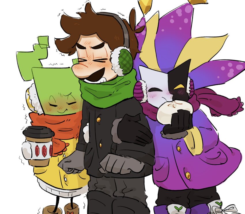 1girl 2boys blush brown_hair clenched_teeth closed_eyes clown clown_boy coat cup dimentio disposable_cup earmuffs facial_hair food gloves highres jacket jester jester_boy luigi mario_(series) mimi_(paper_mario) mimimim9999 multiple_boys mustache nintendo paper_mario scarf super_paper_mario teeth white_background winter_clothes