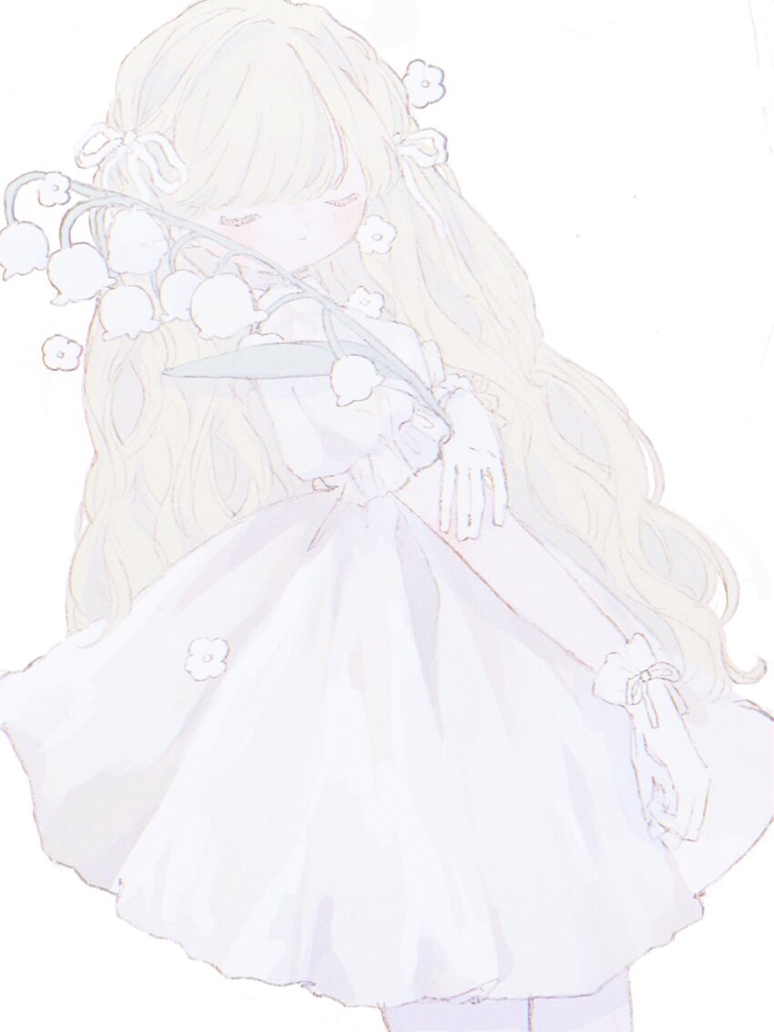 1girl closed_eyes cowboy_shot dress flower gloves hair_flower hair_ornament highres holding holding_flower lilium_susan lily_of_the_valley long_hair original puffy_short_sleeves puffy_sleeves short_sleeves solo standing white_background white_dress white_flower white_gloves white_theme