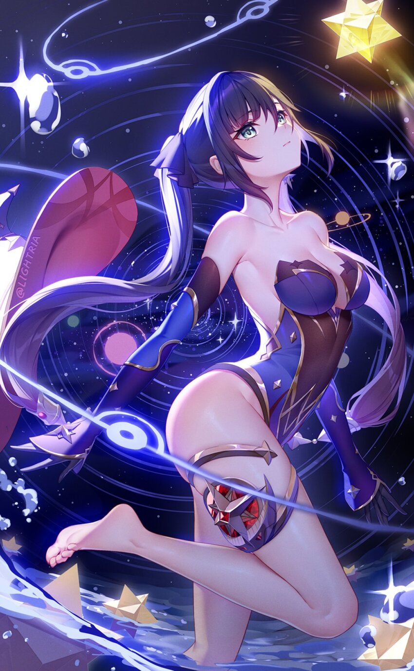 1girl artist_name bare_shoulders barefoot black_hair blue_eyes blush breasts cleavage collarbone commentary_request detached_sleeves genshin_impact gloves gold_trim hair_between_eyes hat highleg highleg_leotard highres jewelry leotard lightria long_hair long_sleeves looking_up medium_breasts mona_(genshin_impact) solo star_(symbol) stellated_octahedron strapless strapless_leotard thighlet thighs twintails unworn_hat unworn_headwear very_long_hair watermark witch_hat