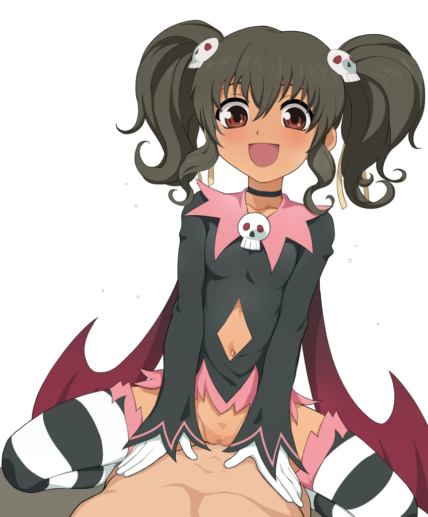 1boy 1girl anise_tatlin black_choker black_dress black_hair blush breasts brown_eyes censored choker clothing_cutout commentary_request commission cowgirl_position dark-skinned_female dark_skin dress girl_on_top gloves hair_ornament hetero highres medium_hair mosaic_censoring nanina_(nijnan) navel navel_cutout open_mouth sex skeb_commission skull_hair_ornament small_breasts smile solo straddling striped_clothes striped_thighhighs tales_of_(series) tales_of_the_abyss thighhighs twintails vaginal wings