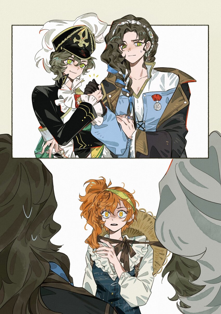 3girls absurdres blue_sweater blue_vest brown_coat brown_hair coat frills green_eyes handshake hat highres jo_jun lopera_(reverse:1999) military_hat military_uniform moldir_(reverse:1999) mole mole_under_eye multiple_girls orange_hair recoleta_(reverse:1999) reverse:1999 shirt siblings sisters step-siblings straw_hat sweatdrop sweater vest white_shirt wide-eyed