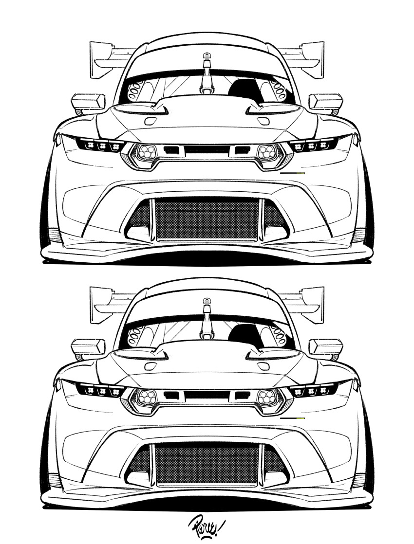 absurdres car ford ford_mustang ford_mustang_s650 greyscale highres lineart monochrome motor_vehicle no_humans race_vehicle racecar shadow simple_background spoiler_(automobile) stance_(vehicle) straight-on vehicle_focus white_background will_pierce world_endurance_championship