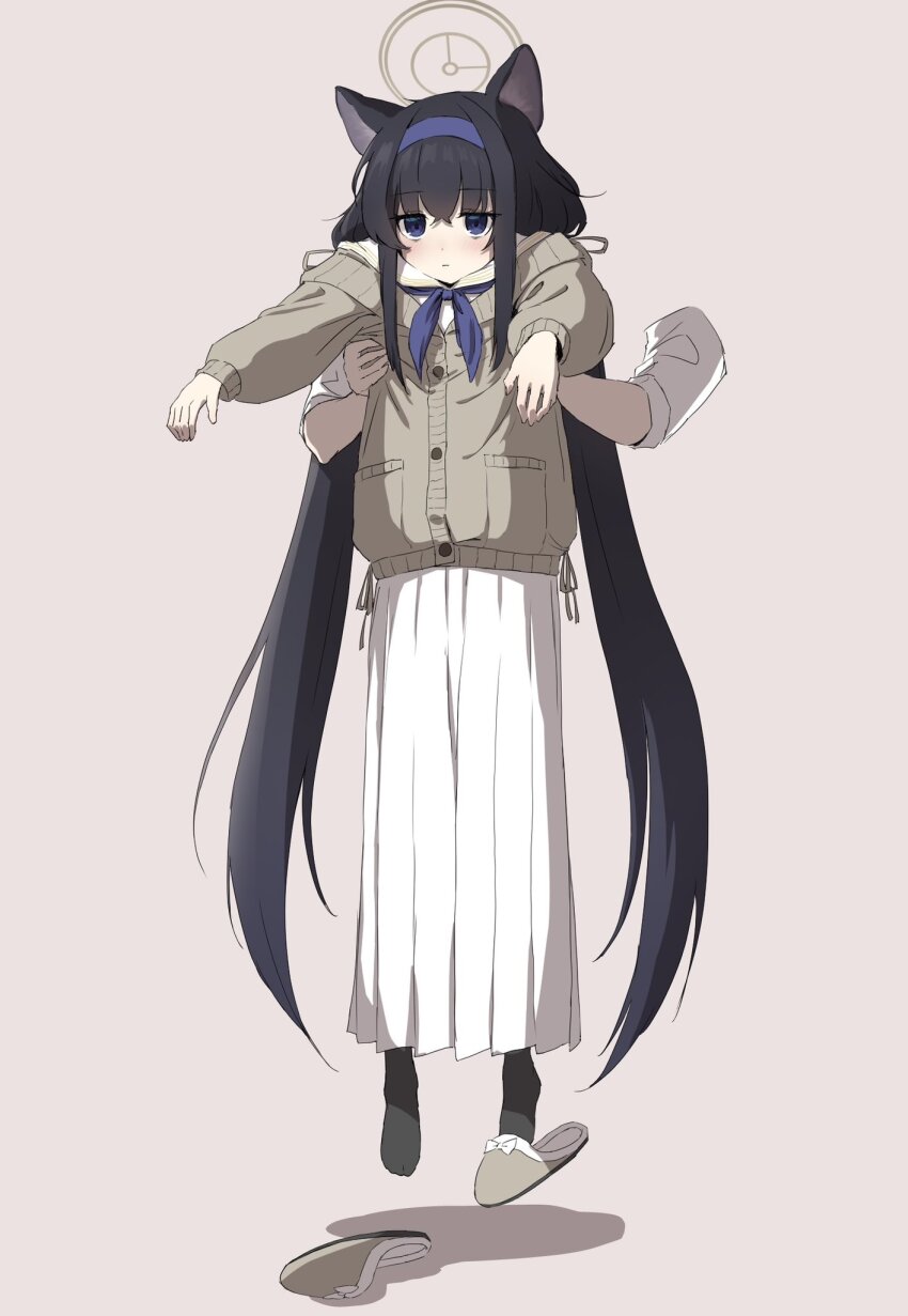 1girl :| absurdly_long_hair animal_ears bags_under_eyes black_hair black_socks blue_archive blue_eyes blue_hairband blue_neckerchief blush cardigan cat_ears closed_mouth commentary_request crossed_bangs detached_arm hair_between_eyes hairband halo higher_resolution_available highres jitome kemonomimi_mode lifting_person long_hair long_skirt long_sleeves longcat_(meme) low_twintails meme mogurii neckerchief pink_background pleated_skirt sailor_collar shadow shirt sidelocks simple_background skirt slippers socks solo twintails ui_(blue_archive) very_long_hair white_sailor_collar white_shirt white_skirt