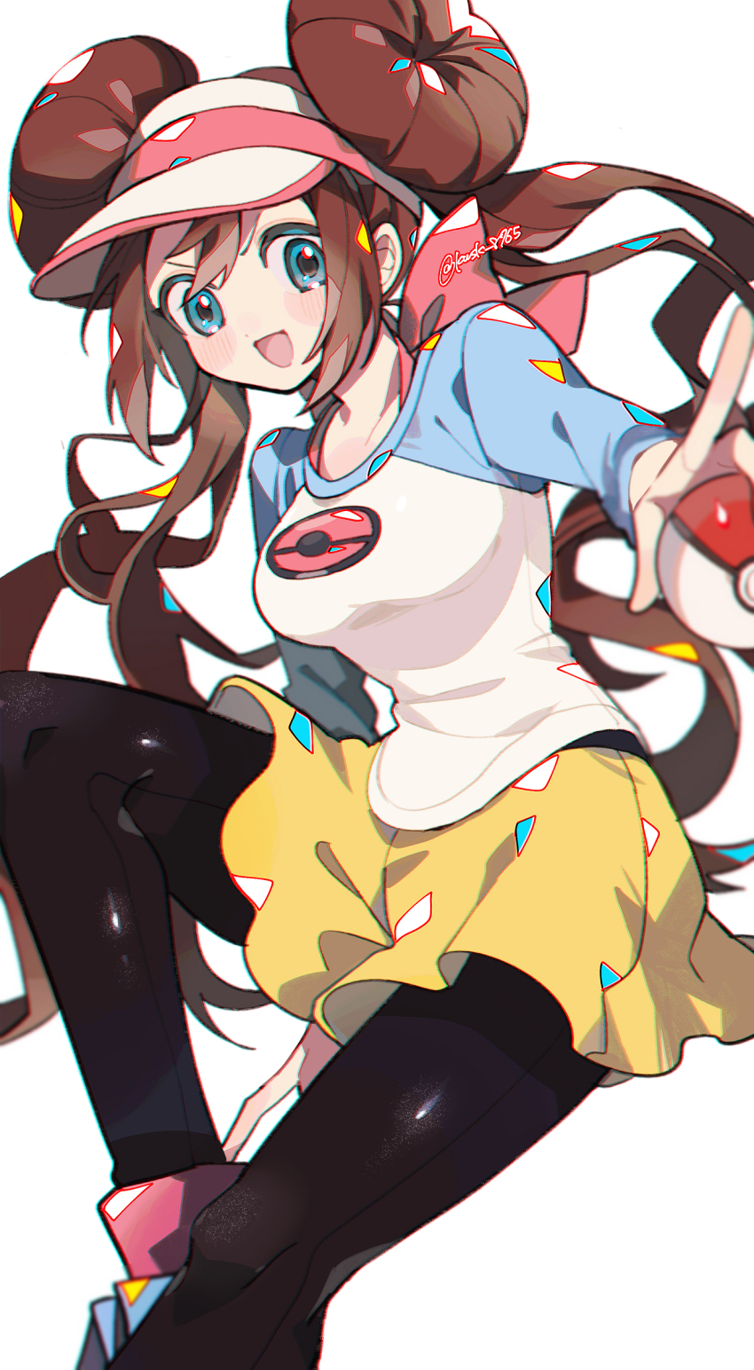 1girl :d black_pantyhose blue_eyes blush breasts brown_hair check_commentary commentary_request donut_hair_bun double_bun hair_bun highres holding holding_poke_ball kawasaki_(kwsk_8765) long_hair long_sleeves looking_at_viewer medium_breasts nintendo open_mouth pantyhose pantyhose_under_shorts poke_ball poke_ball_(basic) pokemon pokemon_bw2 raglan_sleeves rosa_(pokemon) shirt shorts simple_background smile solo very_long_hair visor_cap white_background white_shirt yellow_shorts