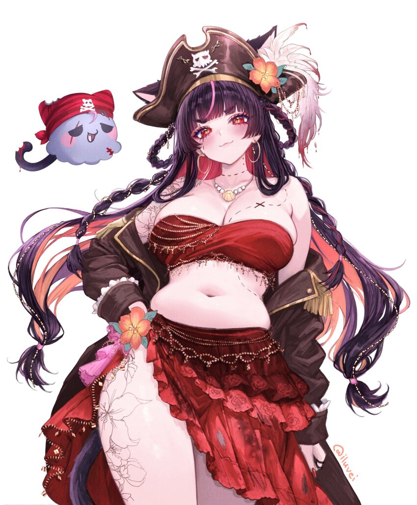1girl :3 animal_ears arm_tattoo bandana bandeau bare_shoulders black_hair blush body_jewelry body_markings braid breasts brown_coat cat_ears cat_girl cat_tail cleavage coat coat_partially_removed colored_inner_hair commentary cowboy_shot earrings fingernails flower flower_tattoo frilled_skirt frills hand_on_own_hip hat hat_flower highres hoop_earrings indie_virtual_youtuber jewelry large_breasts leg_tattoo light_smile lips long_hair long_skirt long_sleeves looking_at_viewer luvei_(vtuber) midriff multicolored_hair nail_polish navel necklace open_clothes open_coat pink_hair pirate pirate_hat red_bandana red_bandeau red_eyes red_nails red_skirt red_tube_top shell shell_necklace side_slit simple_background skirt solo strapless tail tattoo tifa_(iluvei) tube_top twitter_username two-tone_hair virtual_youtuber white_background