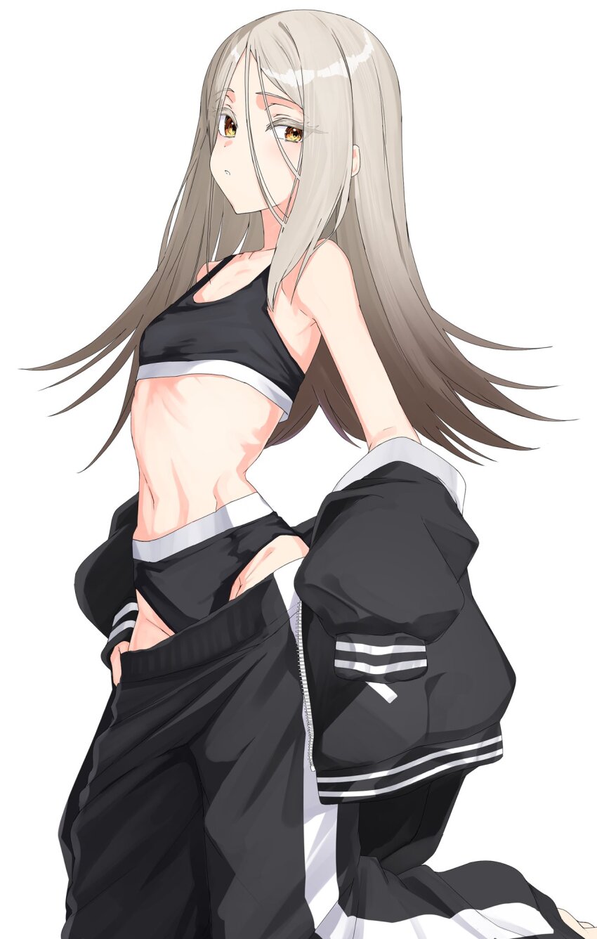 1girl black_jacket black_panties black_sports_bra blonde_hair clothes_pull colored_eyelashes commentary_request eyelashes flipped_hair from_side gakuen_idolmaster highleg highleg_panties highres idolmaster isocha jacket letterman_jacket light_blush looking_at_viewer navel off_shoulder open_mouth orange_eyes panties pants pants_pull shinosawa_hiro simple_background single_sidelock solo sports_bra sportswear striped_clothes striped_pants sweatpants underwear vertical-striped_clothes vertical-striped_pants white_background