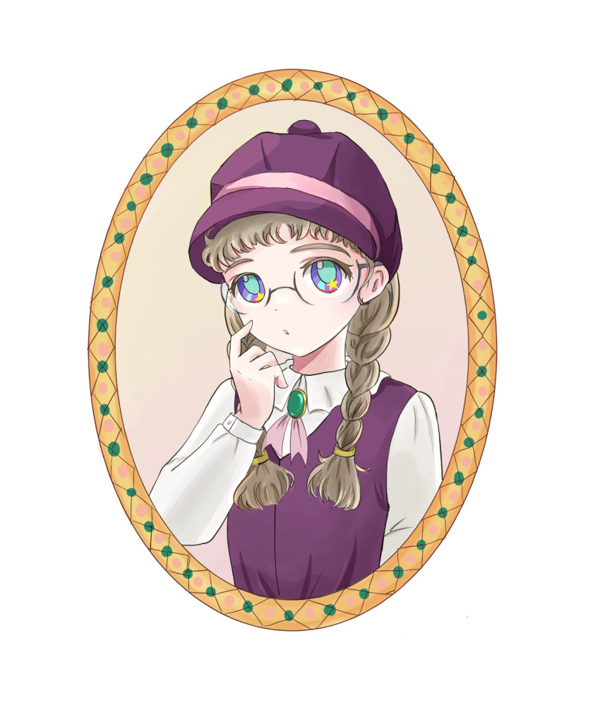 1girl :o alternate_hairstyle aqua_pupils braid brooch brown_hair newsboy_cap character_request check_character chibi_maruko-chan collared_shirt commentary_request dress finger_to_face gem glasses green_gemstone hair_over_shoulder hair_tie hand_up hat head_tilt highres honami_tamae jewelry long_hair long_sleeves looking_at_viewer low_twin_braids mamimu0505 mirror neck_ribbon parted_lips pinafore_dress pink_ribbon purple_dress purple_eyes purple_hat ribbon shirt simple_background sleeveless sleeveless_dress solo star_(symbol) star_in_eye symbol_in_eye twin_braids upper_body white_background white_shirt