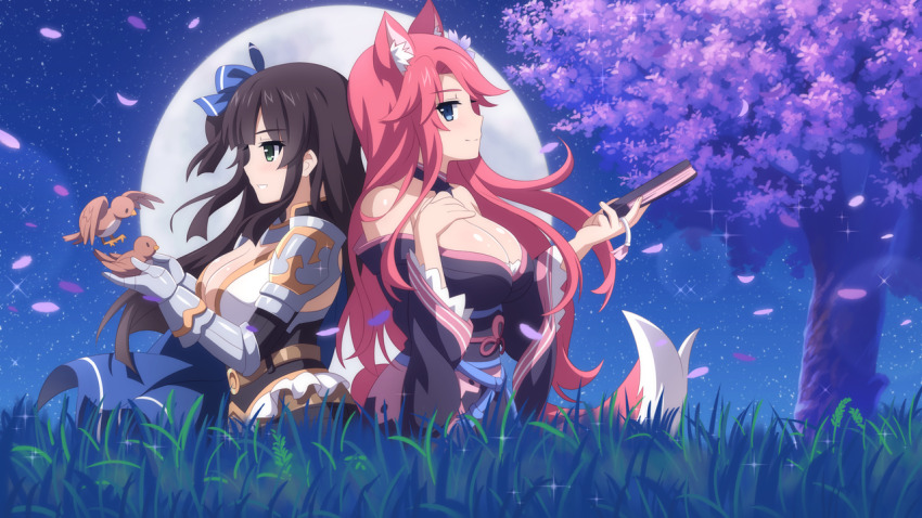 2girls animal_ears bird blue_eyes bow brown_hair ceri_(sakura_dungeon) falling_petals fox_ears fox_tail game_cg green_eyes hair_bow hand_fan japanese_clothes kimono looking_at_another moon multiple_girls night official_art paper_fan petals sakura_dungeon standing tail wanaca yomi_(sakura_dungeon)