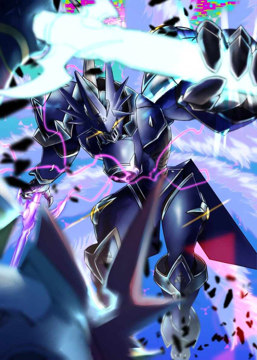 absurdres armor black_armor chaosdukemon digimon digimon_(creature) dukemon_crimson_mode electricity energy_sword feathered_wings glowing glowing_eyes highres holding holding_sword holding_weapon jiyuuya purple_wings solo solo_focus sword weapon wings yellow_eyes
