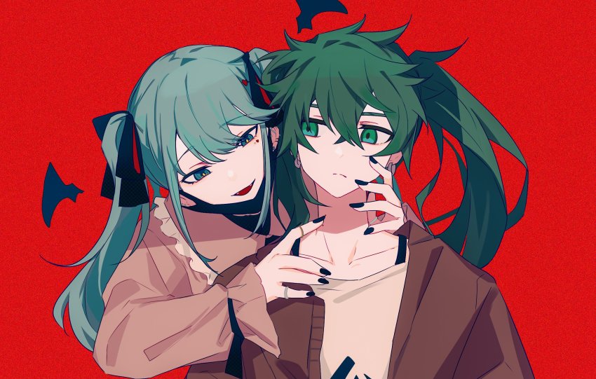 2girls bat_wings behind_another black_bow black_eyes black_nails blue_hair bow closed_mouth commentary_request detached_wings dual_persona ear_piercing earrings frilled_shirt_collar frills frown green_eyes green_hair hair_bow hatsune_miku highres jacket jewelry jirai_kei long_hair long_sleeves looking_at_another mini_wings multiple_girls nail_polish open_mouth piercing pink_shirt red_background red_jacket shirt smile songover suna_no_wakusei_(vocaloid) twintails vampire_(vocaloid) vocaloid white_shirt wings ximuye
